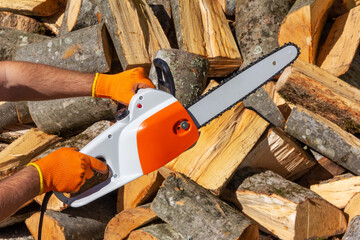 a man holding an electric saw in his hand against the background of sawn stumps