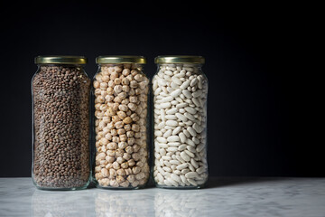 Set of glass jars with various legumes placed on a marble tabletop. Zero waste concept