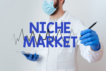 Conceptual hand writing showing Niche Market. Concept meaning Subset of the market on which...