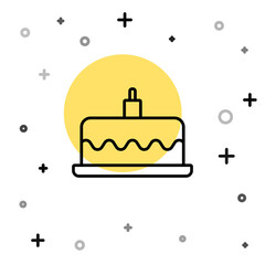 Black line Cake with burning candles icon isolated on white background. Happy Birthday. Random dynamic shapes. Vector.