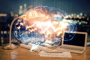 Double exposure of desktop with computer and brain drawing hologram. Artificial intelligence...