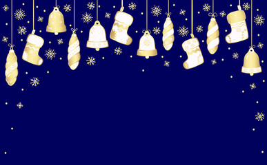 New Year, Christmas border made of cartoon characters of the winter holidays. Vector illustration isolated on blue background. Golden gradient.