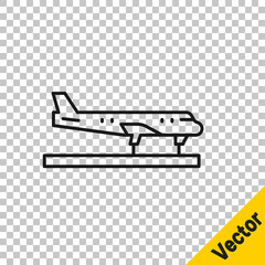 Black line Plane icon isolated on transparent background. Flying airplane icon. Airliner sign. Vector.