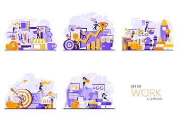 collection of work-themed designs with the concept of tiny people illustration. Vector illustration