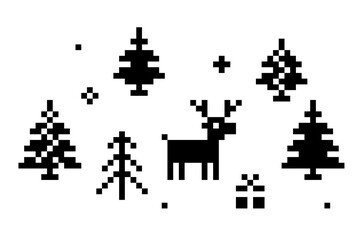Vector christmas pixel deer, tree, gift and snowflakes.