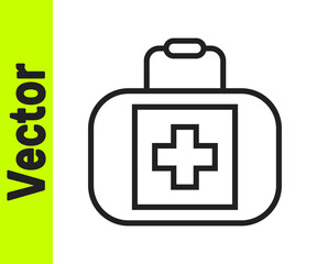 Obraz premium Black line First aid kit icon isolated on white background. Medical box with cross. Medical equipment for emergency. Healthcare concept. Vector.