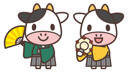 扇子と鼓を持つかわいい牛のキャラクター-日本の伝統芸能