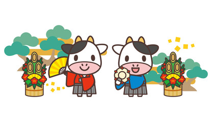 Obraz na płótnie Canvas 扇子と鼓を持つかわいい牛のキャラクター-日本の伝統芸能