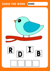 GUESS THE WORD. Say the word bird. Educational and logical game for children. Illustration and vector outline - A4 paper, ready for printing.