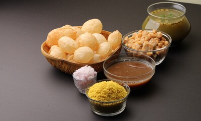 indian traditional food name pani puri or Golgappa, gol gappa or panipuri, the indian chat food. © Ojas