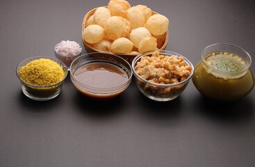 indian traditional food name pani puri or Golgappa, gol gappa or panipuri, the indian chat food. © Ojas