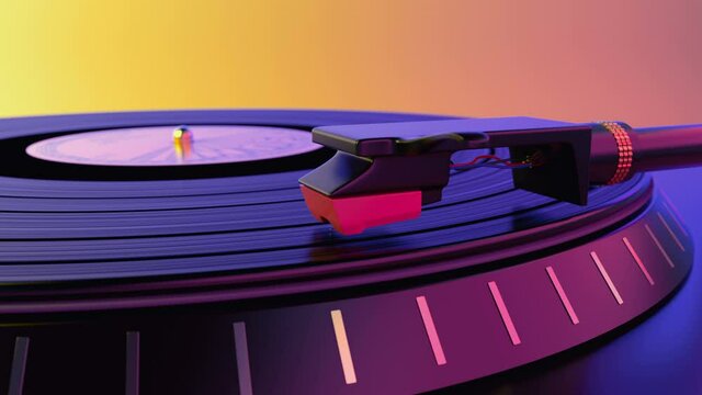 Vinyl record disc spinning on the classic gramophone player against colorful background. Vinil turntable plays the popular soundtrack of the electronic disco music from plate, loopable 3d animation.