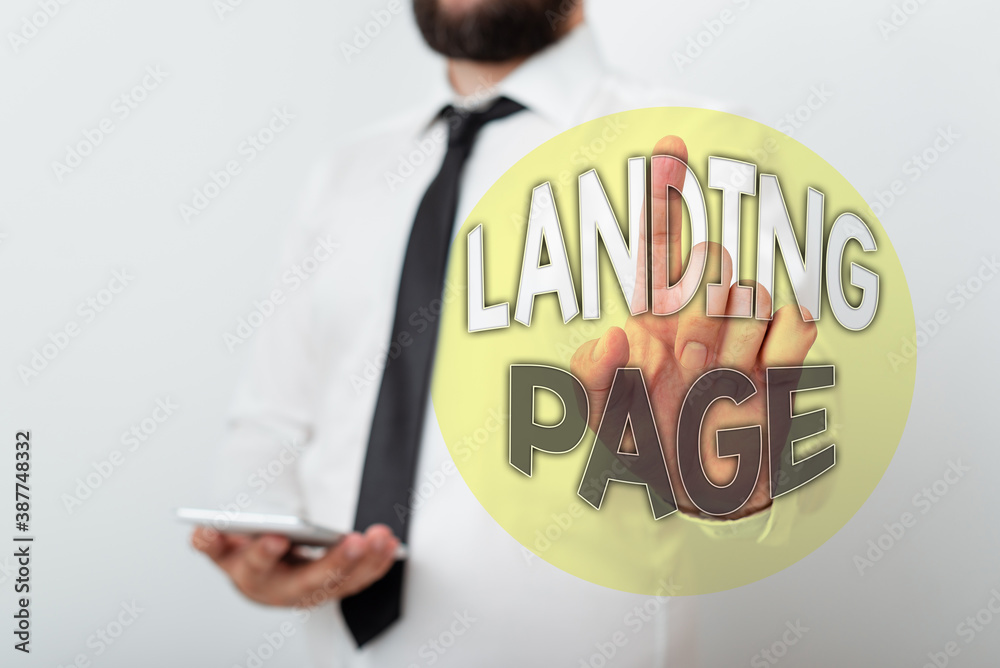 Poster Handwriting text Landing Page. Conceptual photo Website accessed by clicking a link on another web page Model with pointing hand finger symbolizing navigation progress growth