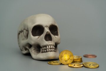 Bitcoin and skull mock up for business financial concept