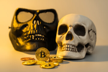 Bitcoin and skull mock up for business financial concept