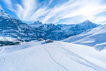 Fototapeta na wymiar Winter landscape with snow covered peaks seen from the First mountain in Swiss Alps in Grindelwald ski resort, Switzerland