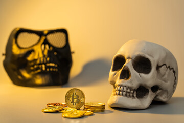 Bitcoin and skull mock up for business financial concept