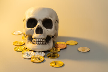 Bitcoin and skull mock up for business financial concept