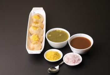 indian traditional food name pani puri or Golgappa, gol gappa or panipuri, the indian chat food. © Ojas