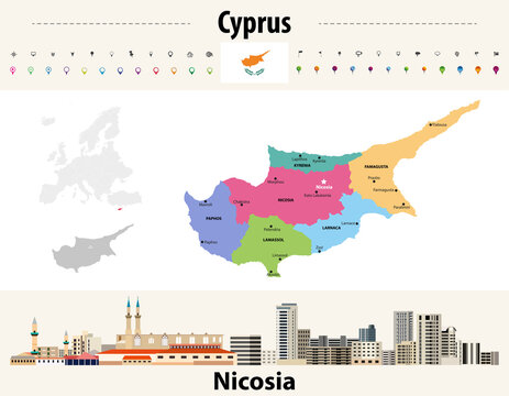 Cyprus administrative divisions map with main cities. Nicosia cityscape. Vector illustration