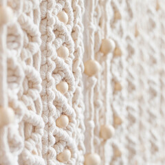 Close-up of hand made macrame texture pattern. Eco friendly modern knitting. Natural decoration concept in the interior. Handmade macrame wall hanging 100% cotton and wooden beads. Soft focus
