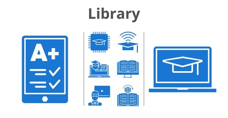 library set. included ereader, chip, teacher, cap, ebook, student-laptop, training, learning icons. filled styles.