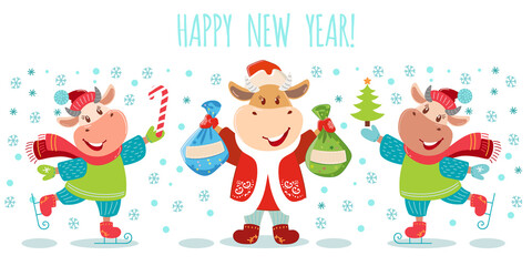 Cute cartoon cow. Vector illustration with bull, symbol of the Chinese new year 2021. Cow on ice