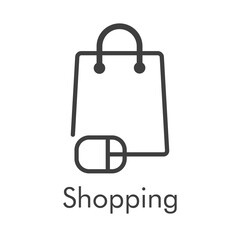 Símbolo de tienda en línea. Logotipo lineal con texto Shopping con bolsa de la compra con mouse de ordenador en color gris © teracreonte