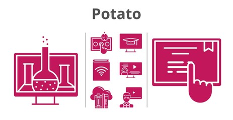 potato set. included chemistry, cloud, audiobook, teacher, test, instructor, touchscreen, student-desktop icons. filled styles.