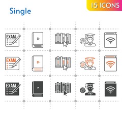 single icon set. included exam, audiobook, ebook, student, book icons on white background. linear, bicolor, filled styles.