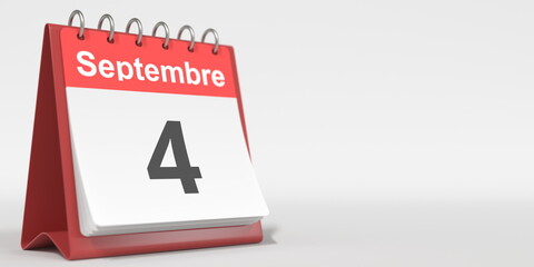 September 4 date written in French on the flip calendar page, 3d rendering