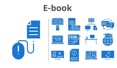 e-book set. included exam, professor, ebook, student-laptop, desktop, instructor, online-learning, school, homework, doc, click, microscope icons. filled styles.