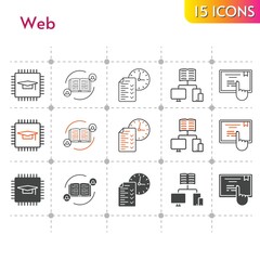 web icon set. included feedback, chip, test, school, touchscreen icons on white background. linear, bicolor, filled styles.