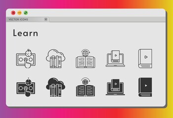 learn icon set. included cloud, ebook, test, learn, learning icons on white background. linear, filled styles.