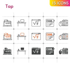 tap icon set. included exam, desktop, books, maths, training icons on white background. linear, bicolor, filled styles.