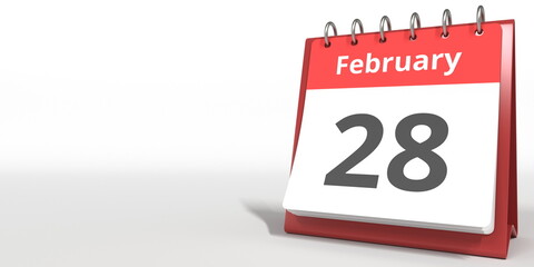 February 28 date on the flip calendar page, 3d rendering