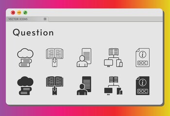 Fototapeta na wymiar question icon set. included cloud library, study, ebook, school, doc icons on white background. linear, filled styles.