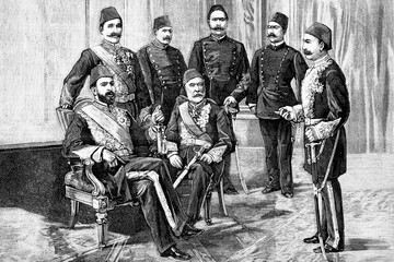 Egypt's political crisis: the Khedive Tewfik and the main leaders of the Nationalist Party. Antique illustration. 1882.