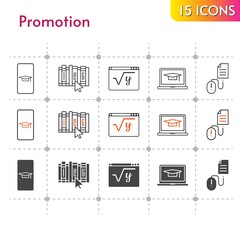 promotion icon set. included student-smartphone, student-laptop, maths, book, click icons on white background. linear, bicolor, filled styles.