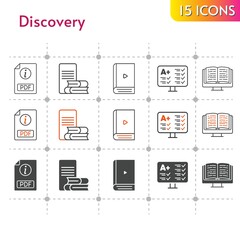 discovery icon set. included pdf, ebook, test, online-learning icons on white background. linear, bicolor, filled styles.