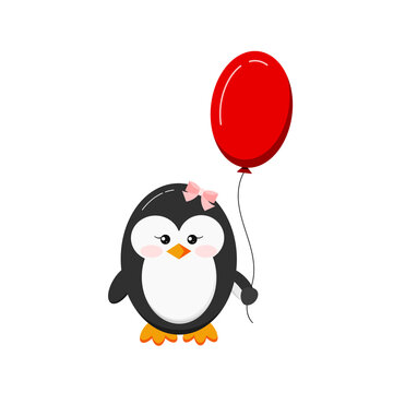 Cute baby penguin holding balloon isolated on white background. Black funny girl bird animal with pink bow and red ballon in wing. Flat design cartoon style vector illustration.