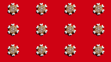 Red Xmas background. Snowflake seamless pattern. New Year party ornament. Brown gingerbread biscuit with white icing minimalist symmetrical composition isolated on bright.