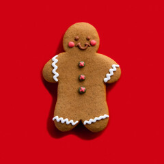 Christmas cookie. Festive pastry. Homemade biscuit. Brown happy gingerbread man decorated with white icing smiling isolated on red background.