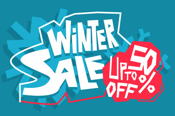 Fototapeta na wymiar Square text winter sale up to 50 percent off in ice style