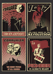 Old Soviet Communism Propaganda Posters Style Illustration Set