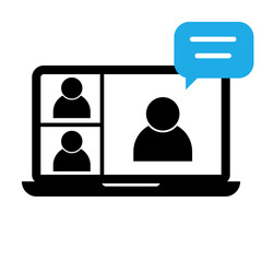 Video conference icon. People on computer screen. Home office in quarantine times. Digital communication. Internet teaching media