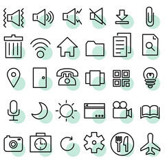 アイコン素材　サウンド　ファイル　カメラ　マイク　設定　旅行　食事　外食　光量　本　電話　通信等