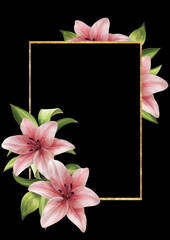 Floral card with frame and pink lilies. Black background