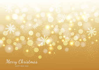 Christmas golden background of snowflakes and bokeh.