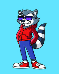 Vector illustration of cool lemurs wear jacket and glasses. Isolated on blue background